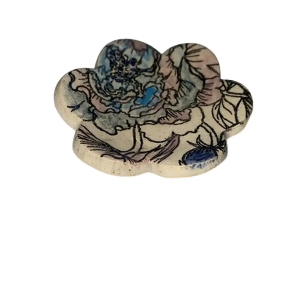 Studio Pottery Small Ring Dish Cream With Floral Pattern Blue Pink Glaze 2”